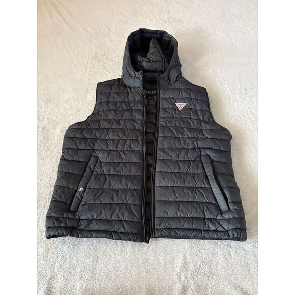 Guess Puffer Vest Men's Large Hooded‎ Zip Front Black - Picture 1 of 8
